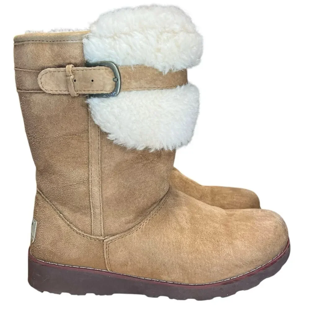 UGG Youth Size 4 EU 34 Skylir Chestnut Brown Suede Shearling Lined Boots Zipper